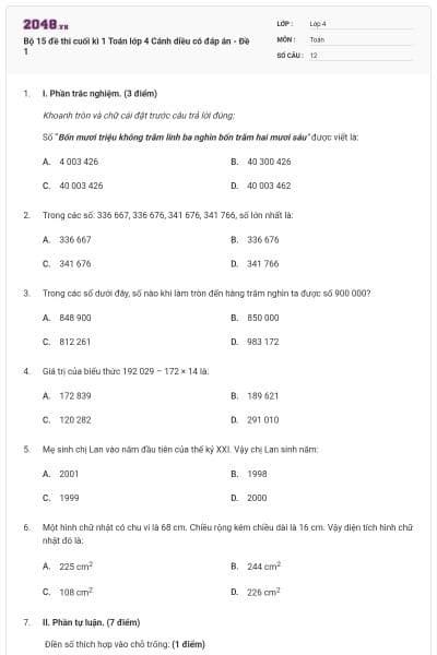 Bộ 15 đề thi cuối kì 1 Toán lớp 4 Cánh diều có đáp án - Đề 1