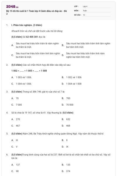 Bộ 15 đề thi cuối kì 1 Toán lớp 4 Cánh diều có đáp án - Đề 2