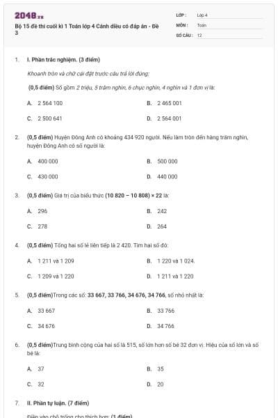 Bộ 15 đề thi cuối kì 1 Toán lớp 4 Cánh diều có đáp án - Đề 3