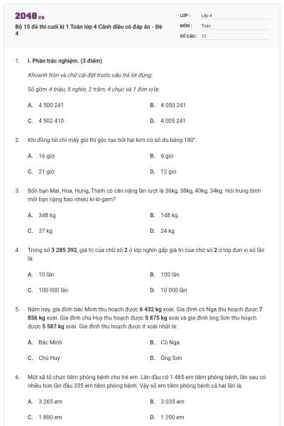 Bộ 15 đề thi cuối kì 1 Toán lớp 4 Cánh diều có đáp án - Đề 4