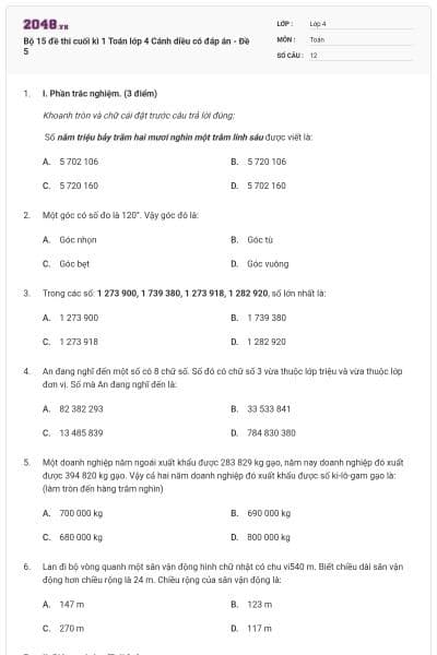 Bộ 15 đề thi cuối kì 1 Toán lớp 4 Cánh diều có đáp án - Đề 5