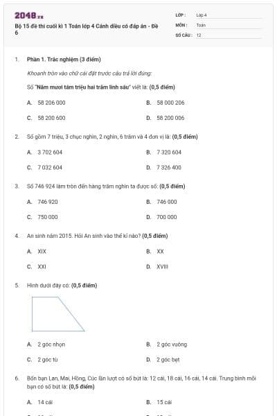 Bộ 15 đề thi cuối kì 1 Toán lớp 4 Cánh diều có đáp án - Đề 6