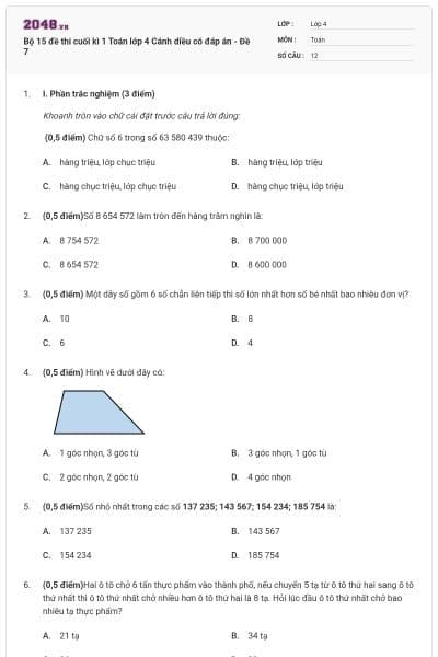 Bộ 15 đề thi cuối kì 1 Toán lớp 4 Cánh diều có đáp án - Đề 7