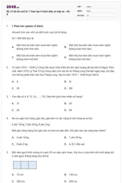 Bộ 15 đề thi cuối kì 1 Toán lớp 4 Cánh diều có đáp án - Đề 8