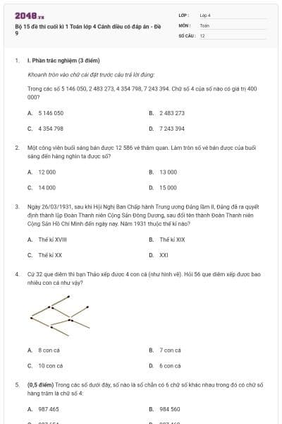 Bộ 15 đề thi cuối kì 1 Toán lớp 4 Cánh diều có đáp án - Đề 9