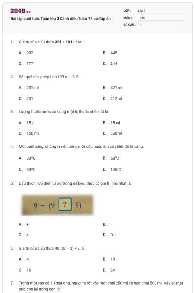 Bài tập cuối tuần Toán lớp 3 Cánh diều Tuần 14 có đáp án