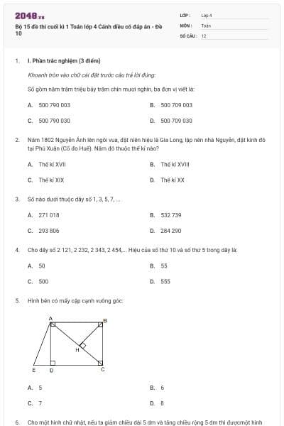 Bộ 15 đề thi cuối kì 1 Toán lớp 4 Cánh diều có đáp án - Đề 10