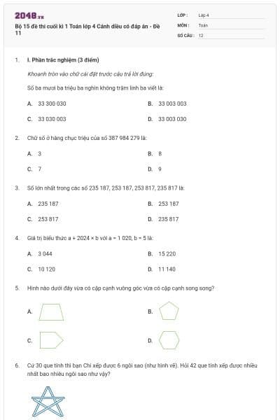 Bộ 15 đề thi cuối kì 1 Toán lớp 4 Cánh diều có đáp án - Đề 11