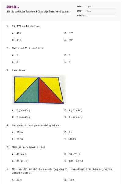 Bài tập cuối tuần Toán lớp 3 Cánh diều Tuần 16 có đáp án