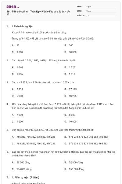 Bộ 15 đề thi cuối kì 1 Toán lớp 4 Cánh diều có đáp án - Đề 12
