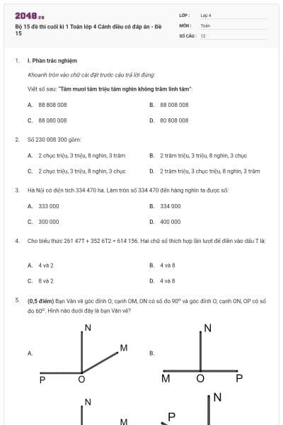 Bộ 15 đề thi cuối kì 1 Toán lớp 4 Cánh diều có đáp án - Đề 15