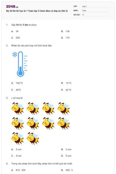 Bộ 20 Đề thi học kì 1 Toán lớp 3 Cánh diều có đáp án (Đề 3)