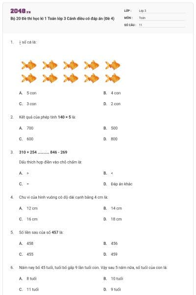 Bộ 20 Đề thi học kì 1 Toán lớp 3 Cánh diều có đáp án (Đề 4)