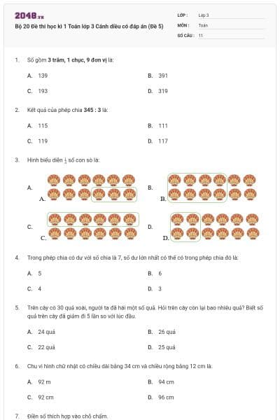 Bộ 20 Đề thi học kì 1 Toán lớp 3 Cánh diều có đáp án (Đề 5)