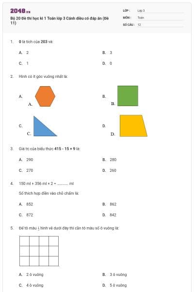 Bộ 20 Đề thi học kì 1 Toán lớp 3 Cánh diều có đáp án (Đề 11)