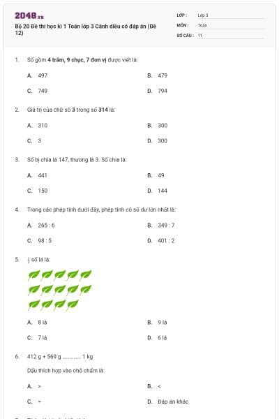 Bộ 20 Đề thi học kì 1 Toán lớp 3 Cánh diều có đáp án (Đề 12)