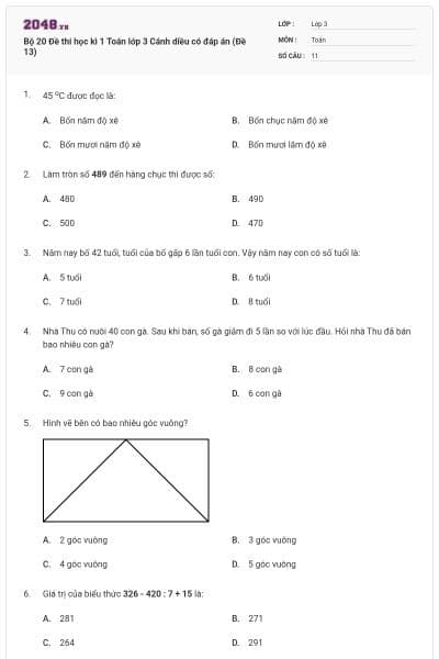 Bộ 20 Đề thi học kì 1 Toán lớp 3 Cánh diều có đáp án (Đề 13)
