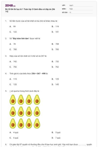 Bộ 20 Đề thi học kì 1 Toán lớp 3 Cánh diều có đáp án (Đề 14)