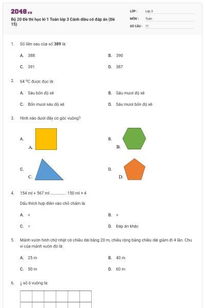 Bộ 20 Đề thi học kì 1 Toán lớp 3 Cánh diều có đáp án (Đề 15)