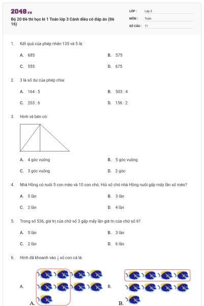 Bộ 20 Đề thi học kì 1 Toán lớp 3 Cánh diều có đáp án (Đề 16)