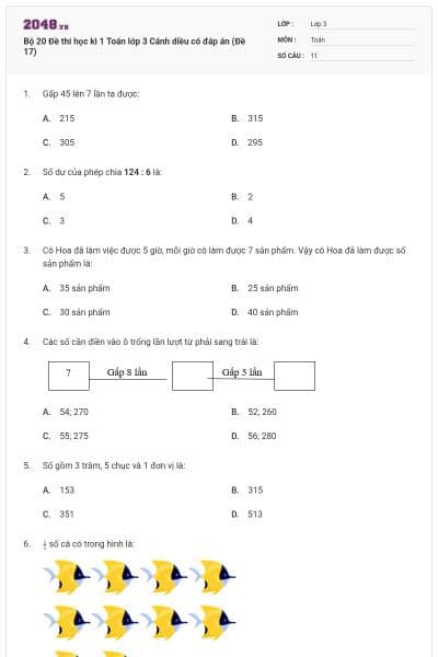Bộ 20 Đề thi học kì 1 Toán lớp 3 Cánh diều có đáp án (Đề 17)