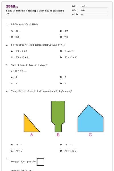 Bộ 20 Đề thi học kì 1 Toán lớp 3 Cánh diều có đáp án (Đề 20)