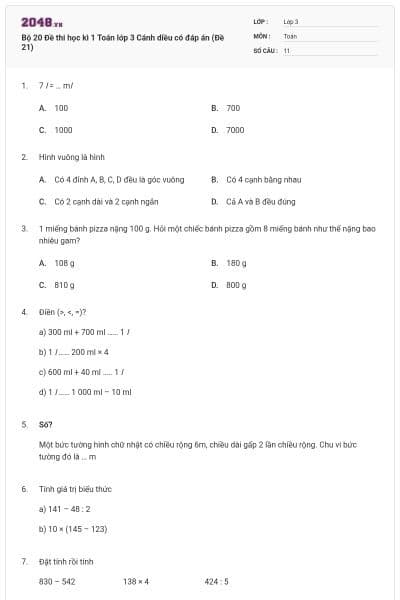 Bộ 20 Đề thi học kì 1 Toán lớp 3 Cánh diều có đáp án (Đề 21)