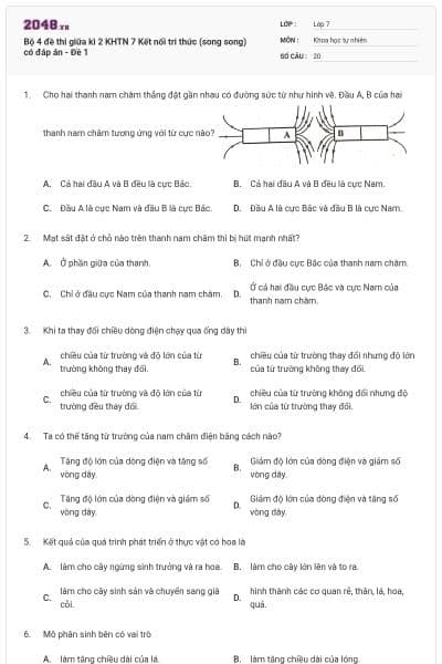 Bộ 4 đề thi giữa kì 2 KHTN 7 Kết nối tri thức (song song) có đáp án - Đề 1