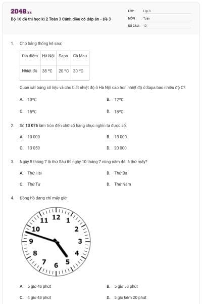 Bộ 10 đề thi học kì 2 Toán 3 Cánh diều có đáp án - Đề 3