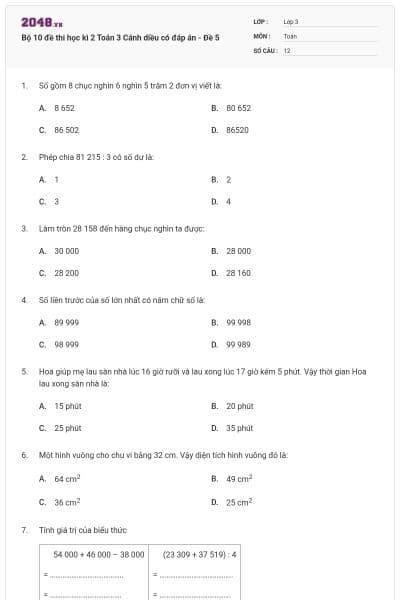 Bộ 10 đề thi học kì 2 Toán 3 Cánh diều có đáp án - Đề 5