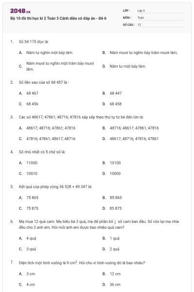 Bộ 10 đề thi học kì 2 Toán 3 Cánh diều có đáp án - Đề 6