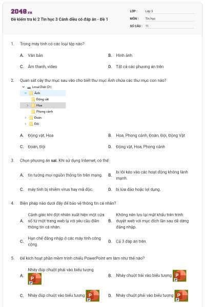 Đề kiểm tra kì 2 Tin học 3 Cánh diều có đáp án - Đề 1