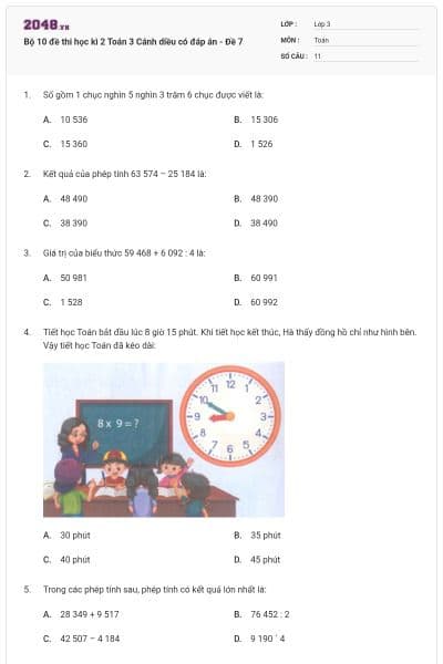 Bộ 10 đề thi học kì 2 Toán 3 Cánh diều có đáp án - Đề 7