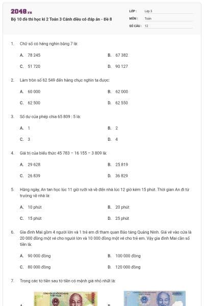 Bộ 10 đề thi học kì 2 Toán 3 Cánh diều có đáp án - Đề 8