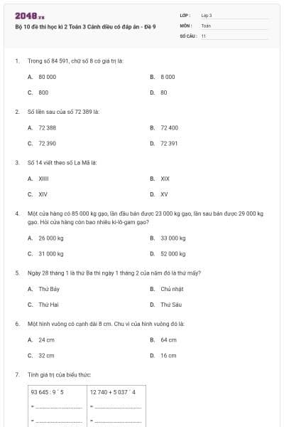Bộ 10 đề thi học kì 2 Toán 3 Cánh diều có đáp án - Đề 9