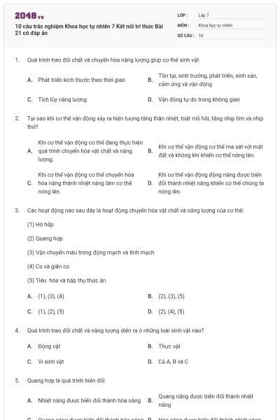 10 câu trắc nghiệm Khoa học tự nhiên 7 Kết nối tri thức Bài 21 có đáp án
