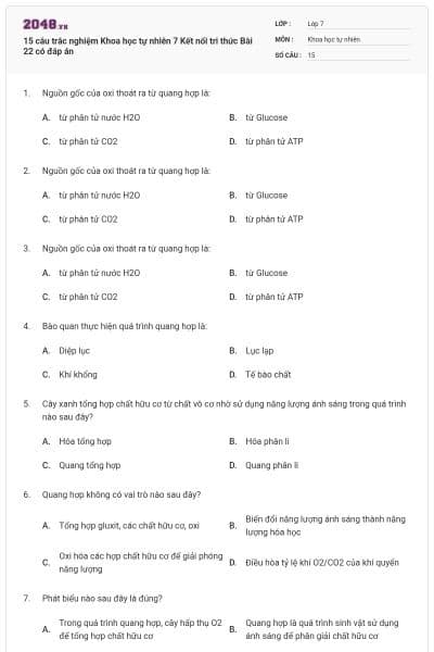 15 câu trắc nghiệm Khoa học tự nhiên 7 Kết nối tri thức Bài 22 có đáp án