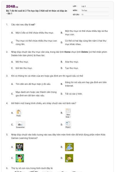 Bộ 7 đề thi cuối kì 2 Tin học lớp 3 Kết nối tri thức có đáp án - Đề 1