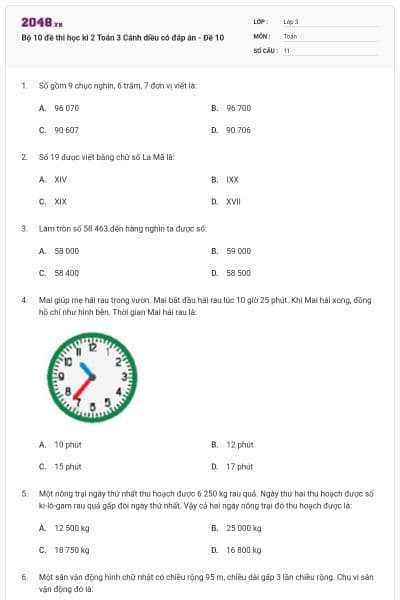 Bộ 10 đề thi học kì 2 Toán 3 Cánh diều có đáp án - Đề 10