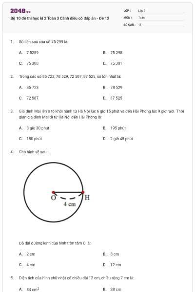 Bộ 10 đề thi học kì 2 Toán 3 Cánh diều có đáp án - Đề 12