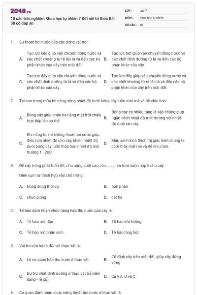 10 câu trắc nghiệm Khoa học tự nhiên 7 Kết nối tri thức Bài 30 có đáp án