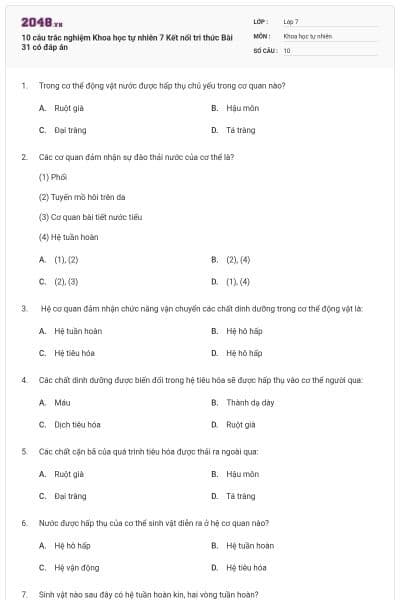 10 câu trắc nghiệm Khoa học tự nhiên 7 Kết nối tri thức Bài 31 có đáp án