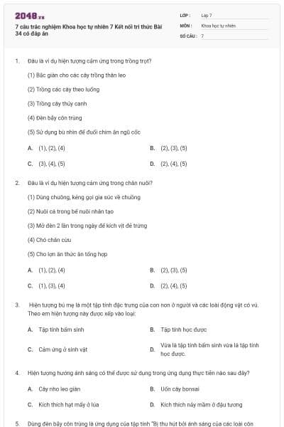 7 câu trắc nghiệm Khoa học tự nhiên 7 Kết nối tri thức Bài 34 có đáp án