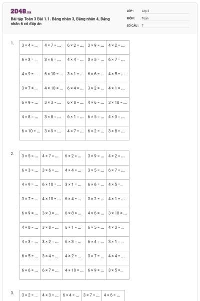 Bài tập Toán 3 Bài 1.1. Bảng nhân 3, Bảng nhân 4, Bảng nhân 6 có đáp án