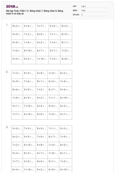 Bài tập Toán 3 Bài 1.2. Bảng nhân 7, Bảng nhân 8, Bảng nhân 9 có đáp án