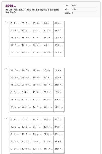 Bài tập Toán 3 Bài 2.1. Bảng chia 3, Bảng chia 4, Bảng chia 6 có đáp án