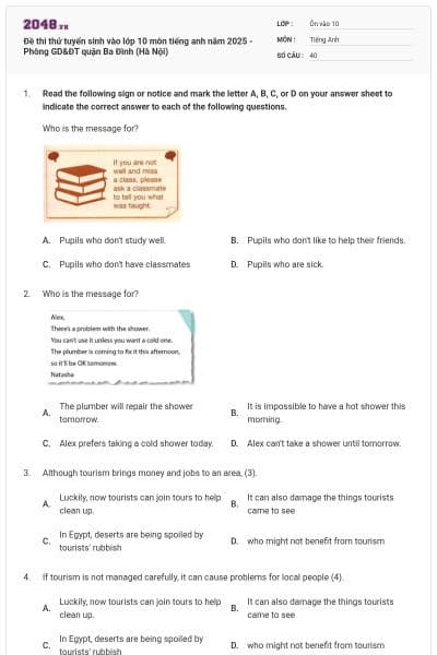 Đề thi thử tuyển sinh vào lớp 10 môn tiếng anh năm 2025 - Phòng GD&ĐT quận Ba Đình (Hà Nội)