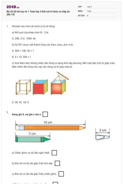 Bộ 20 đề thi học kì 1 Toán lớp 3 Kết nối tri thức có đáp án (Đề 19)