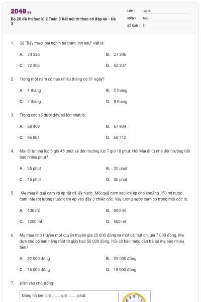 Bộ 20 đề thi học kì 2 Toán 3 Kết nối tri thức có đáp án - Đề 3