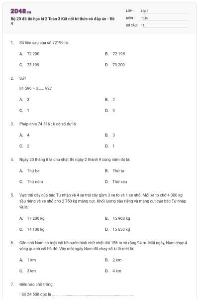 Bộ 20 đề thi học kì 2 Toán 3 Kết nối tri thức có đáp án - Đề 4